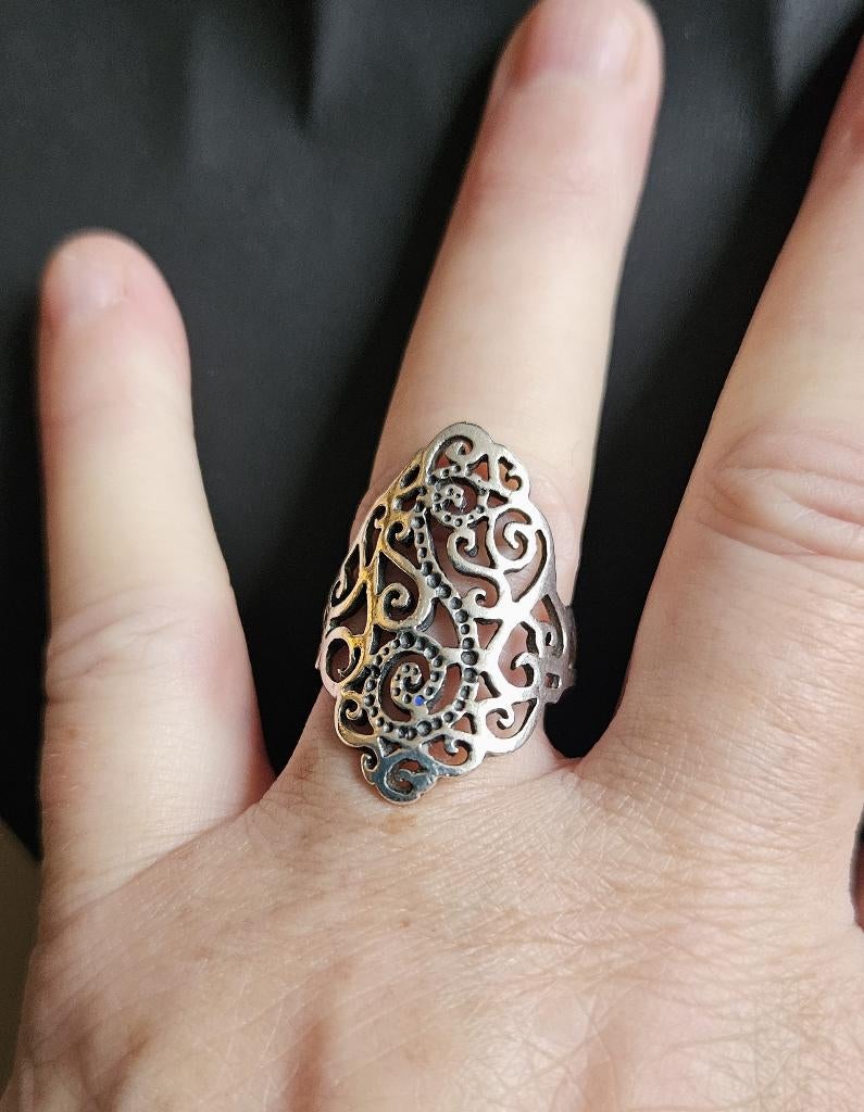 Maat 18 - Prachtige zilveren (925) ovale OPENGEWERKTE ring, Sieraden, Tassen en Uiterlijk, Ringen, Ophalen, 18 tot 19, Zo goed als nieuw