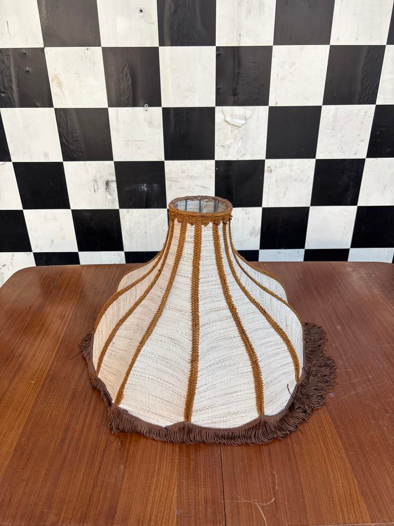Vintage Lampenkap met Franjes - Crème/Bruin, Gebruikt, 25 tot 50 cm, Ophalen of Verzenden, Crème