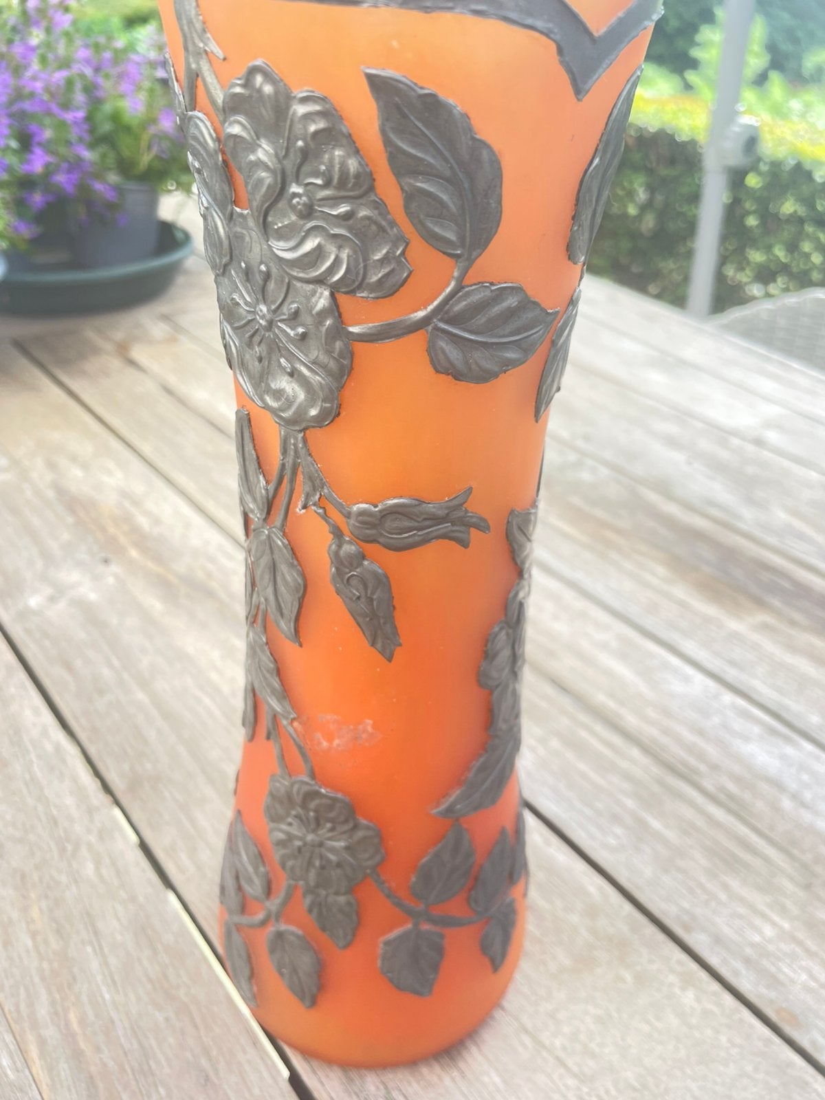 Art-deco / Art nouveau vaas terra kleurig glas met tin 30 cm, Ophalen of Verzenden
