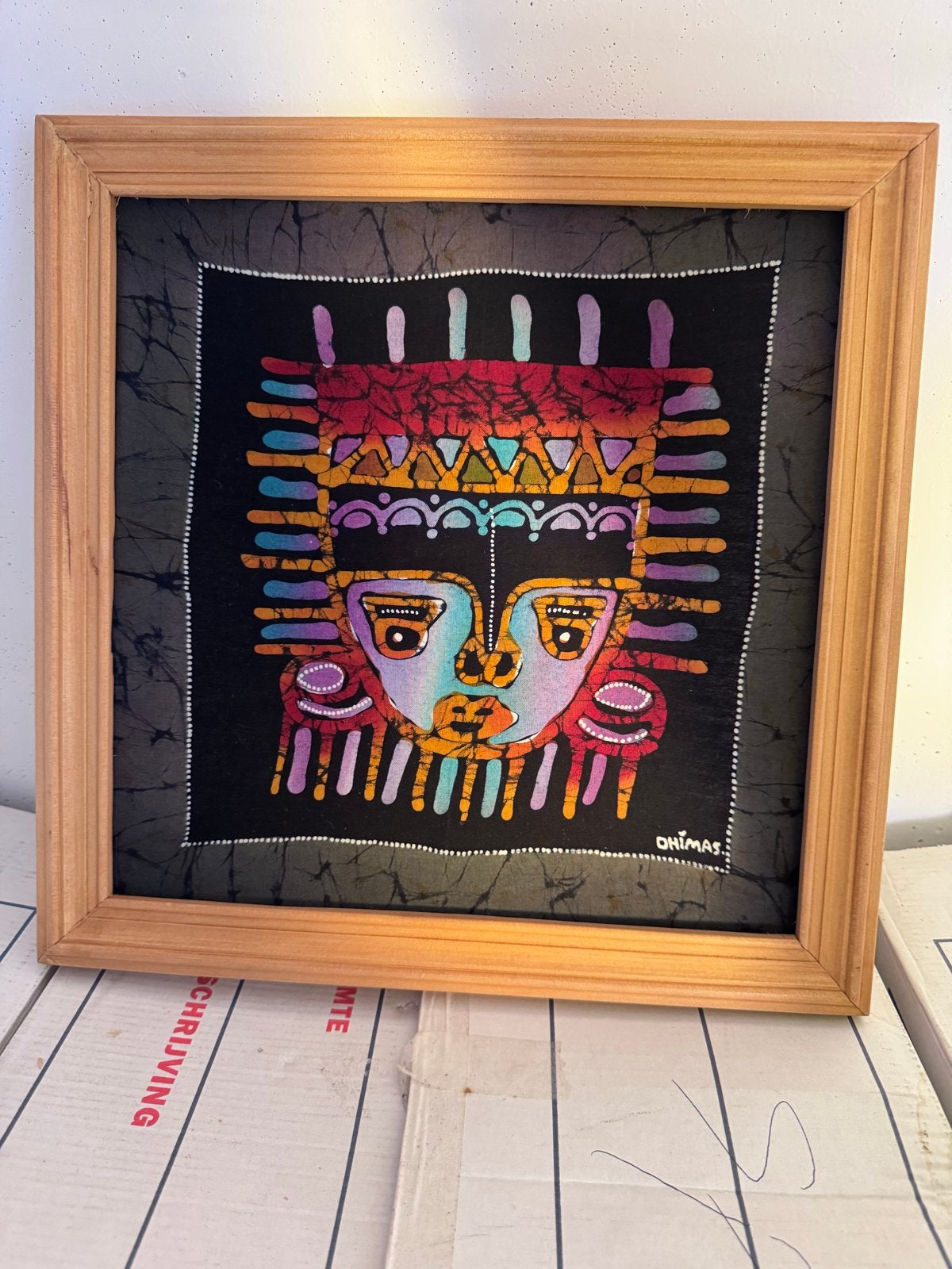 Ingelijst Batik Schilderij - Afrikaans Masker, Antiek en Kunst, Ophalen, Afrika, Meerkleurig, Geschilderd