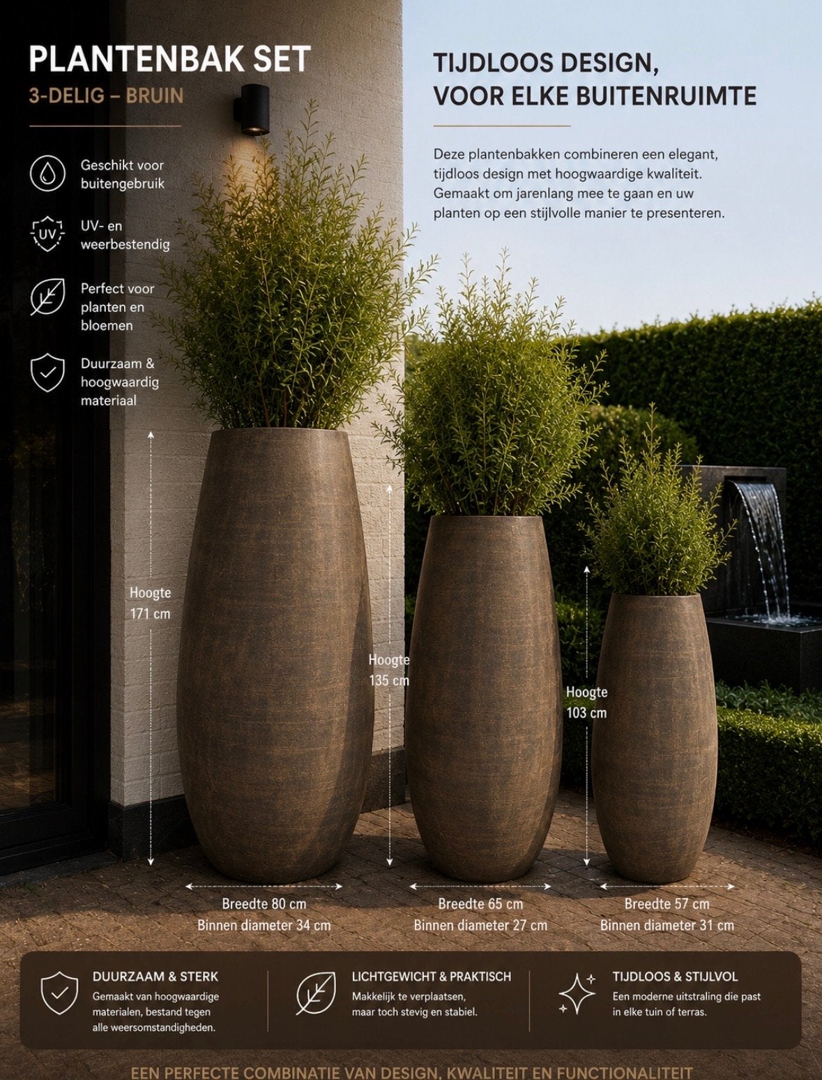 Xxl Plantenbak Set 3-delig Bruin - Tijdloos Design, Tuin en Terras, Ophalen, Overige materialen, 100 cm of meer, Balkon