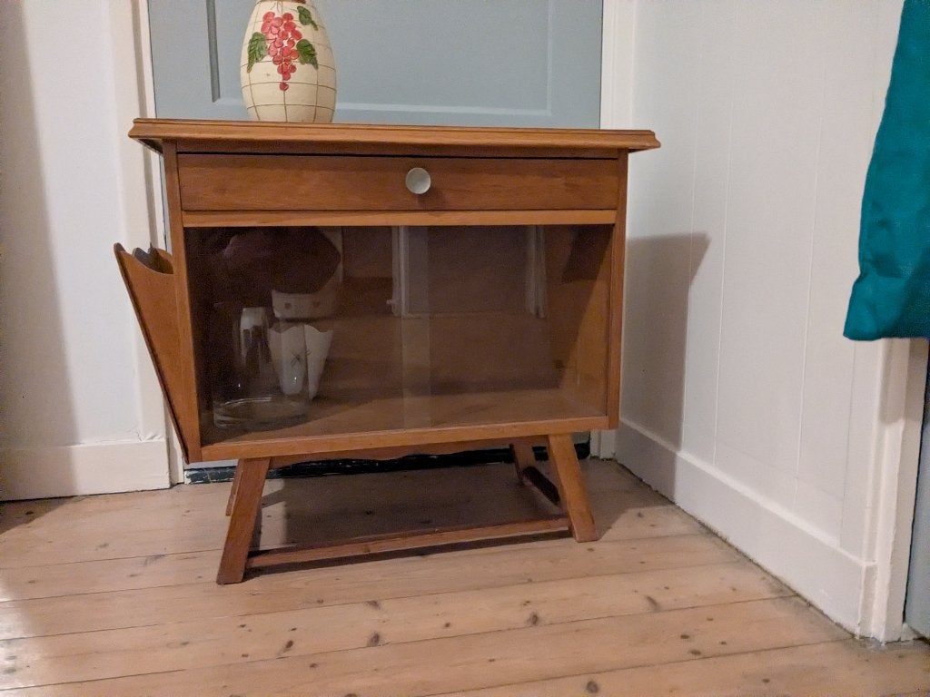 Mid century vitrinekastje met lade, Ophalen, Gebruikt, 50 tot 100 cm, Mid Century