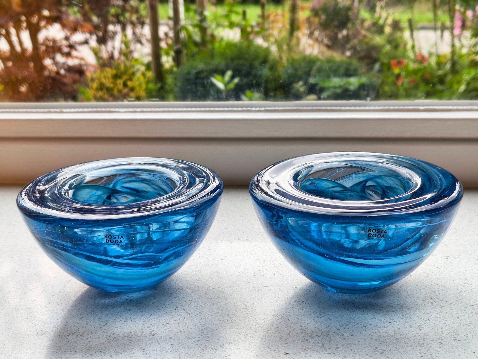 Kosta Boda set Atoll kristalglas waxinelichthouders blauw, Ophalen of Verzenden