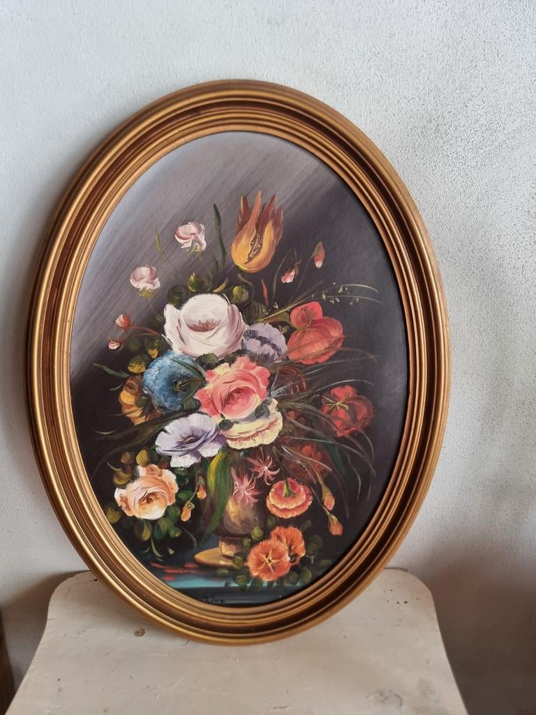 Oud olieverf schilderij bloemen stilleven J92 schapenweide, Ophalen