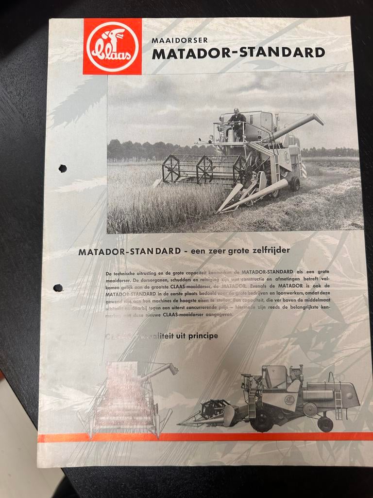 Oude Claas Matador-Standard Maaidorser Folder Jaren '60, Ophalen of Verzenden, Zo goed als nieuw, Kaart, Foto of Prent