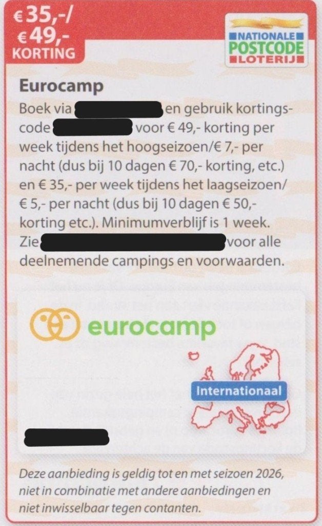 Eurocamp. €35,- / €49,- korting. Postcodeloterij kortingsbon, Drie personen of meer, Kortingsbon, Bungalowpark