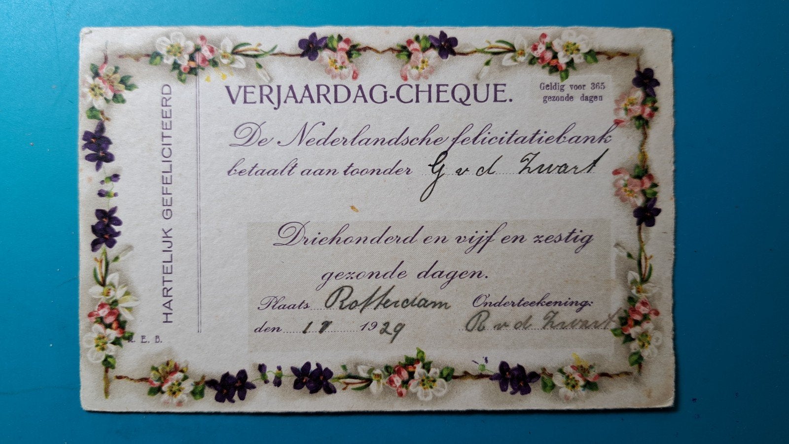 Verjaardag cheque van Nederlandse felicitatiedienst 1929, Verzenden, 1920 tot 1940, Gelopen