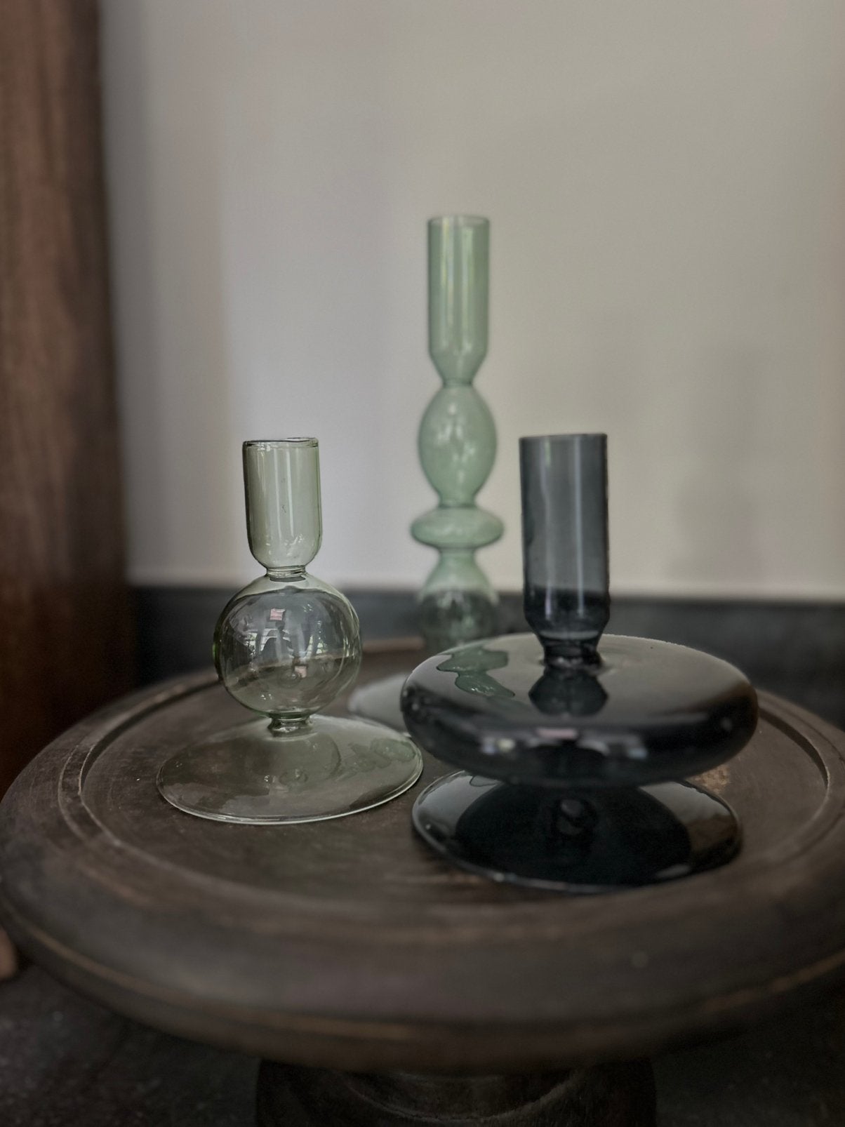 Set (3 stuks) gekleurde glazen kandelaars, Ophalen of Verzenden, Zo goed als nieuw
