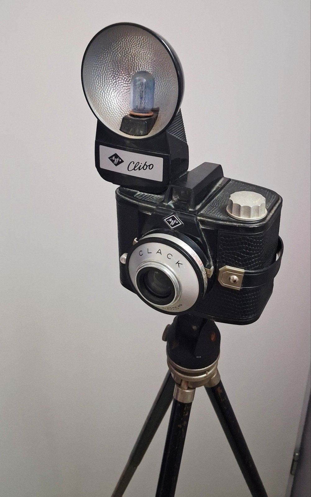 Vintage Agfa Clack camera met Clibo flitser en statief, Gebruikt, Compact, Onbekend, Agfa