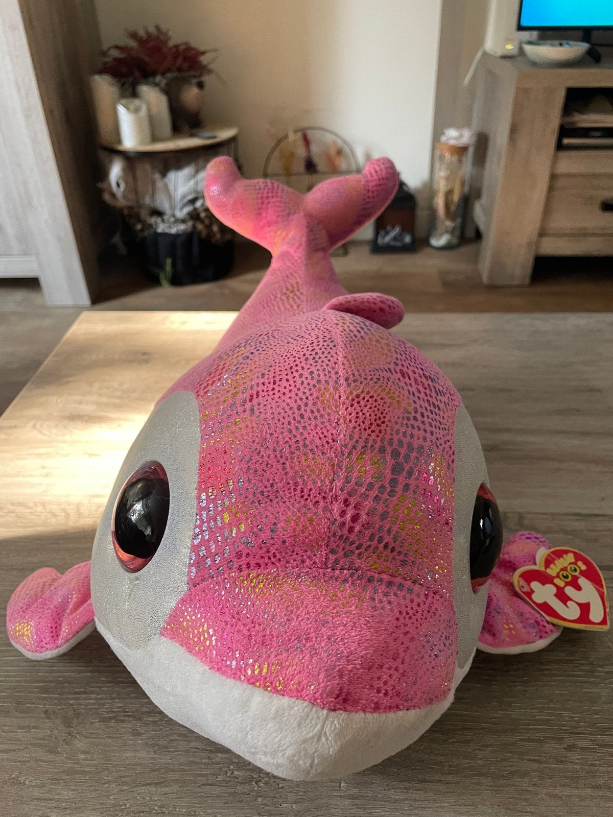 Ty Beanie Boos Sparkles dolfijn knuffel XXL- Roze/Wit, Gebruikt, Overige typen, Ophalen of Verzenden, Met label