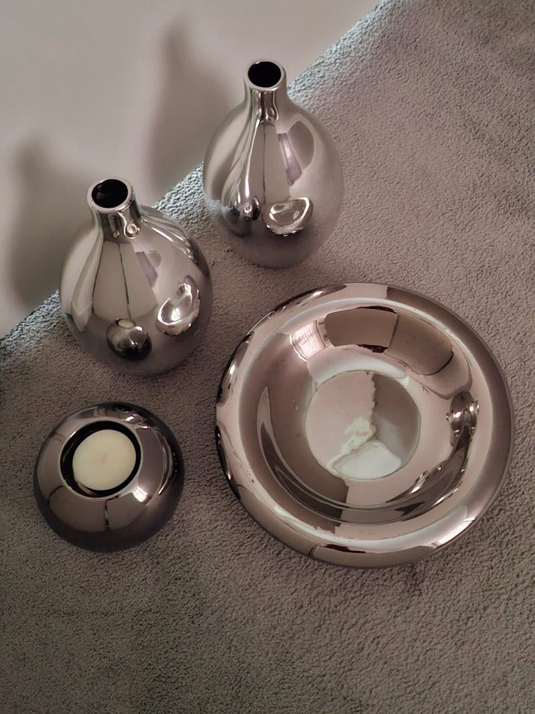 Vazen, schaal en kaarsenhouder zilverkleur, Ophalen, Zo goed als nieuw, Zilver, Vintage