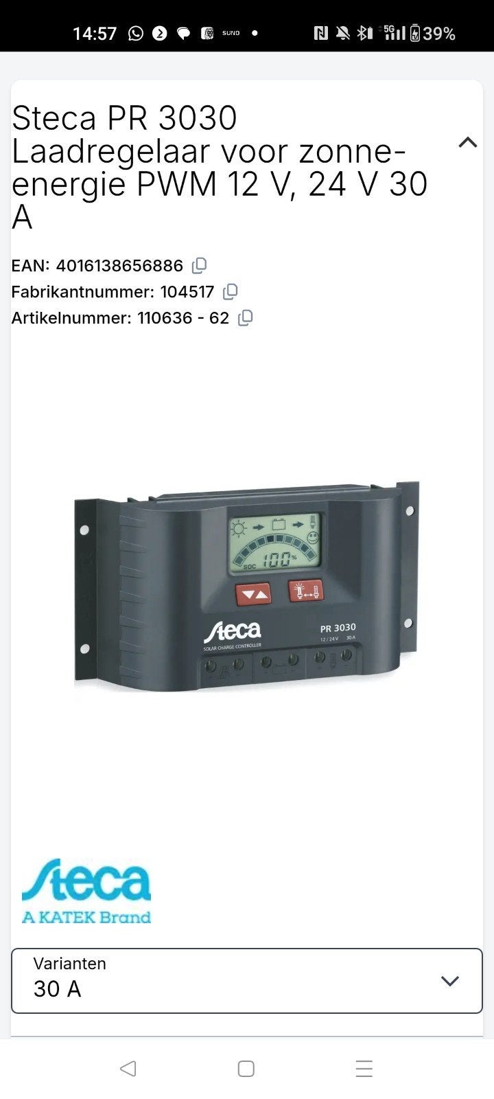 Steca PR 3030 Laadregelaar voor zonne energie PWM 12V/24V 30, Ophalen