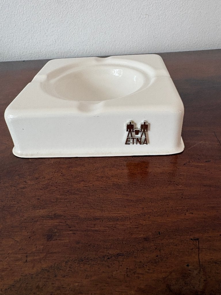 Vintage witte vierkante keramische emaille asbak ETNA -logo, Ophalen of Verzenden, Zo goed als nieuw, Asbak