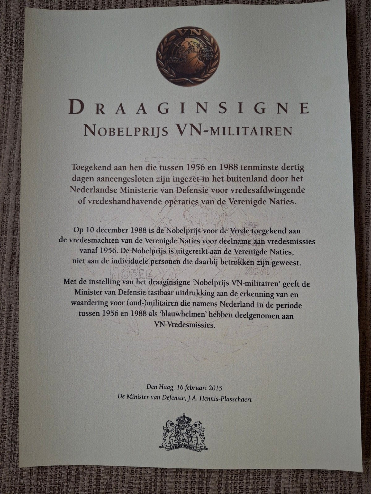 Certificaat Draaginsigne Nobelprijs (kopie), Verzamelen, Ophalen of Verzenden, Landmacht, Nederland, Overige typen