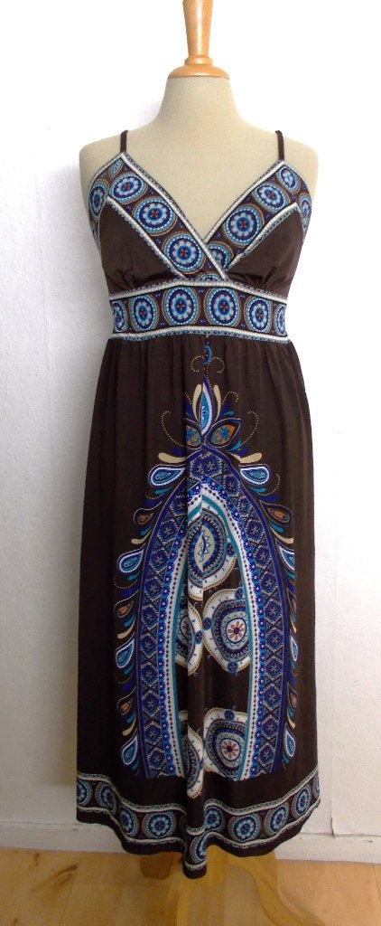 Bohemian/Ibiza/hippie/batik print bruine maxi dress! 40, Kleding | Dames, Maat 38/40 (M), Bruin, Verzenden, Zo goed als nieuw
