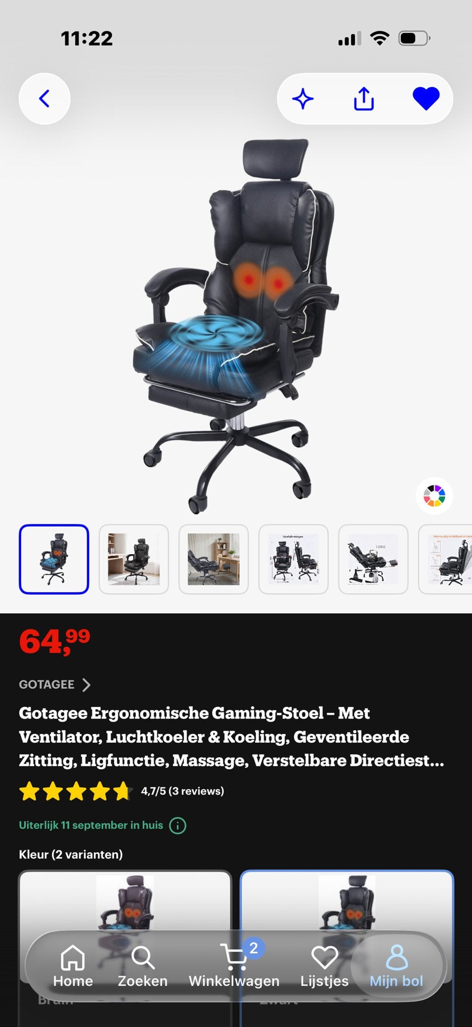 GOTAGEE Ergonomische Gaming Stoel met Ventilator, Ophalen, Zwart, Nieuw, Bureaustoel