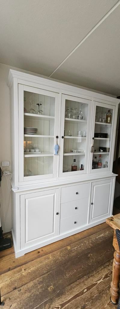 Witte buffetkast met glazen deuren en lades, Gebruikt, Met deur(en), Glas, 150 tot 200 cm