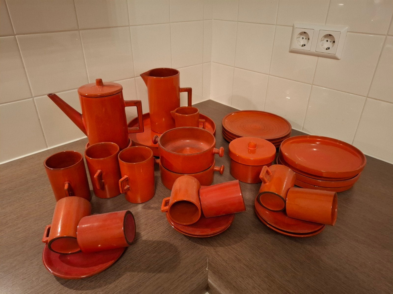Vintage 32-delig Hofra koffieservies, Steen of Klei, Blauw, Ophalen of Verzenden, Minder dan 5 m²