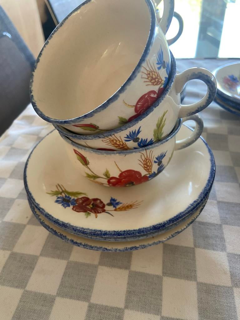 Vintage theeservies met bloemmotief - 11 kopjes, 12 schotels, Antiek en Kunst, Antiek | Servies los, Ophalen of Verzenden
