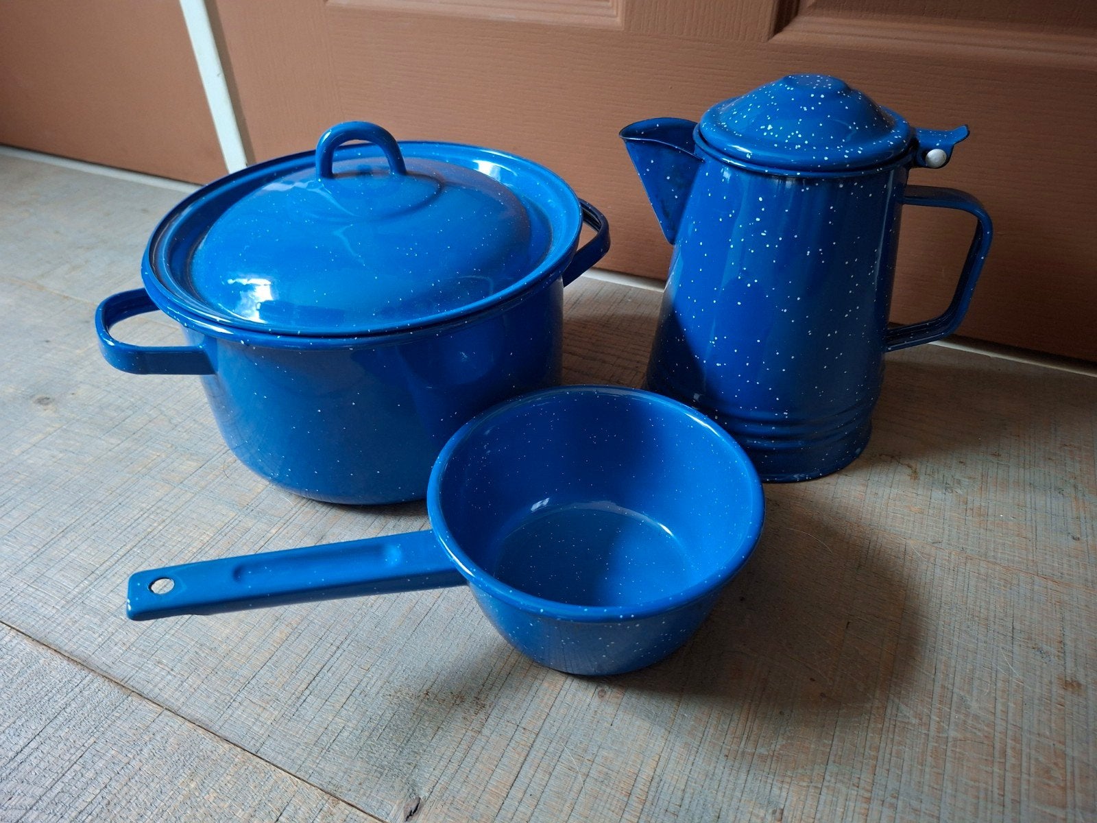 Mooi emaille blauw set pannen en kan, Ophalen of Verzenden