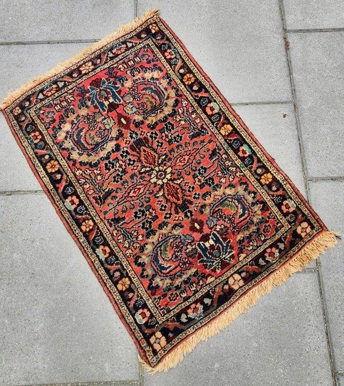 Vintage Perzisch tapijtje, handgeknoopt, rood/blauw, 50 tot 100 cm, Perzisch, Vintage, Oosters, Zo goed als nieuw, 50 tot 100 cm