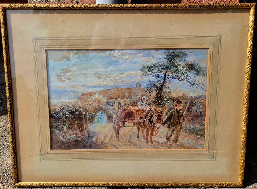Engelse School aquarel uit 1879 Kinderen met ezelkar gesign., Impressionistisch, Ophalen of Verzenden, Landschap, Aquarel