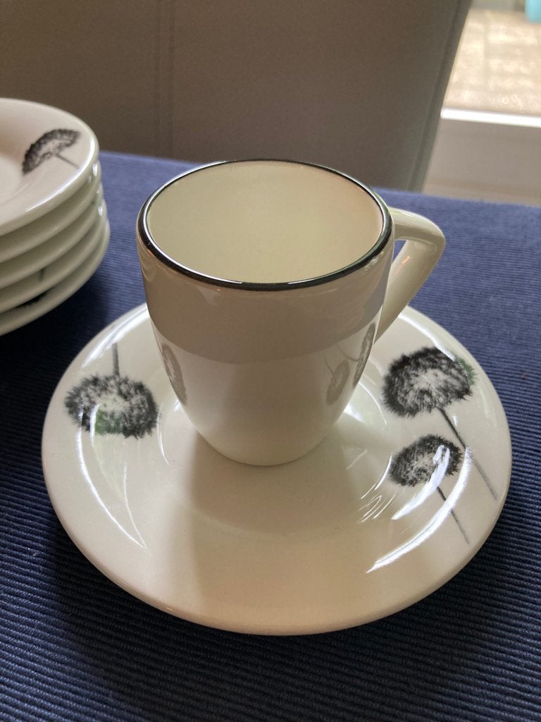 6 espresso kop en schotels zwart wit met bloem, Overige materialen, Ophalen of Verzenden, Zo goed als nieuw, Overige stijlen