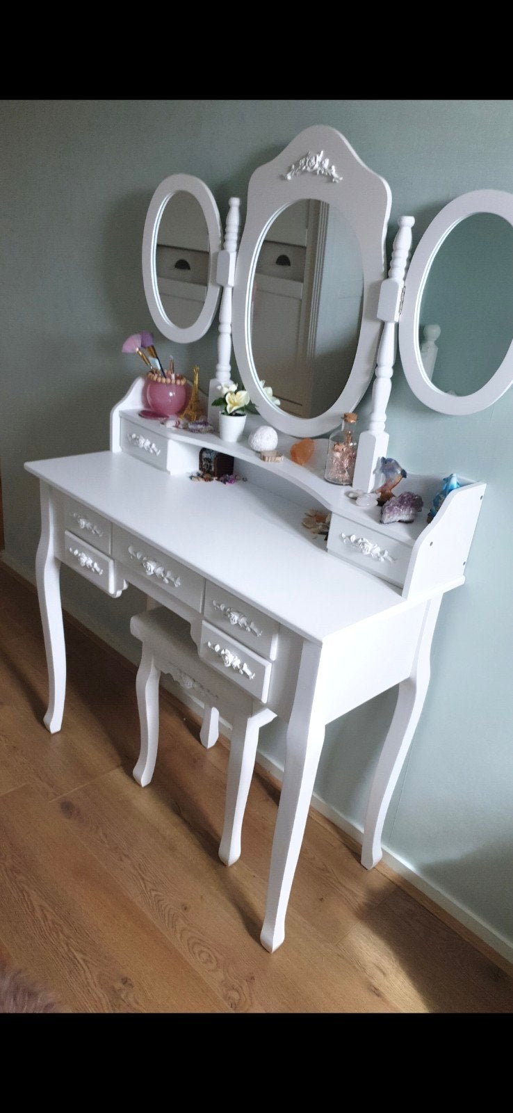 Witte kaptafel met spiegel en krukje, Ophalen, Gebruikt, 100 tot 150 cm, 50 tot 100 cm