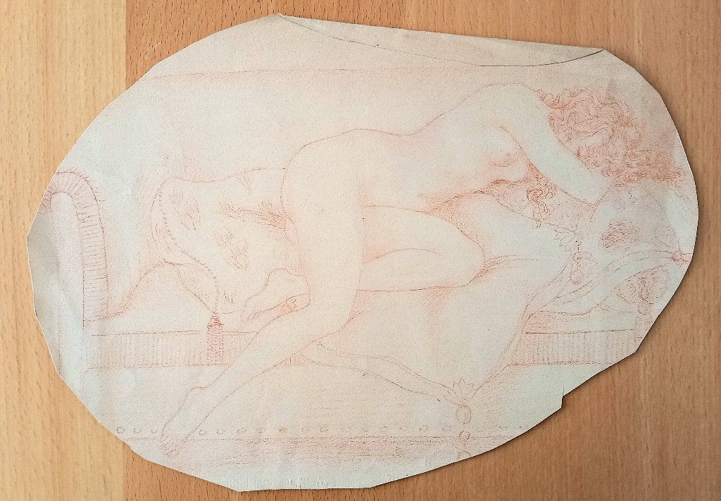 A493-13 Oude tekening Ontklede vrouw op divan, Antiek en Kunst, Ophalen of Verzenden