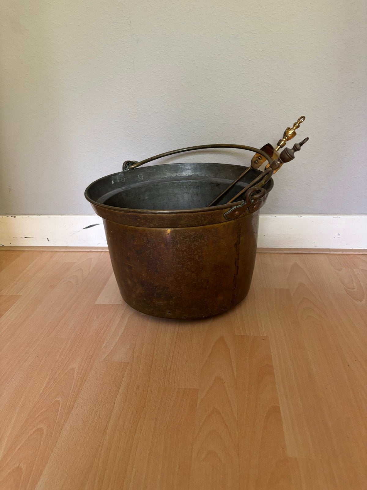 Antieke Koperen Haardemmer met Haardpook en Kolentang, Antiek en Kunst, Ophalen, Koper