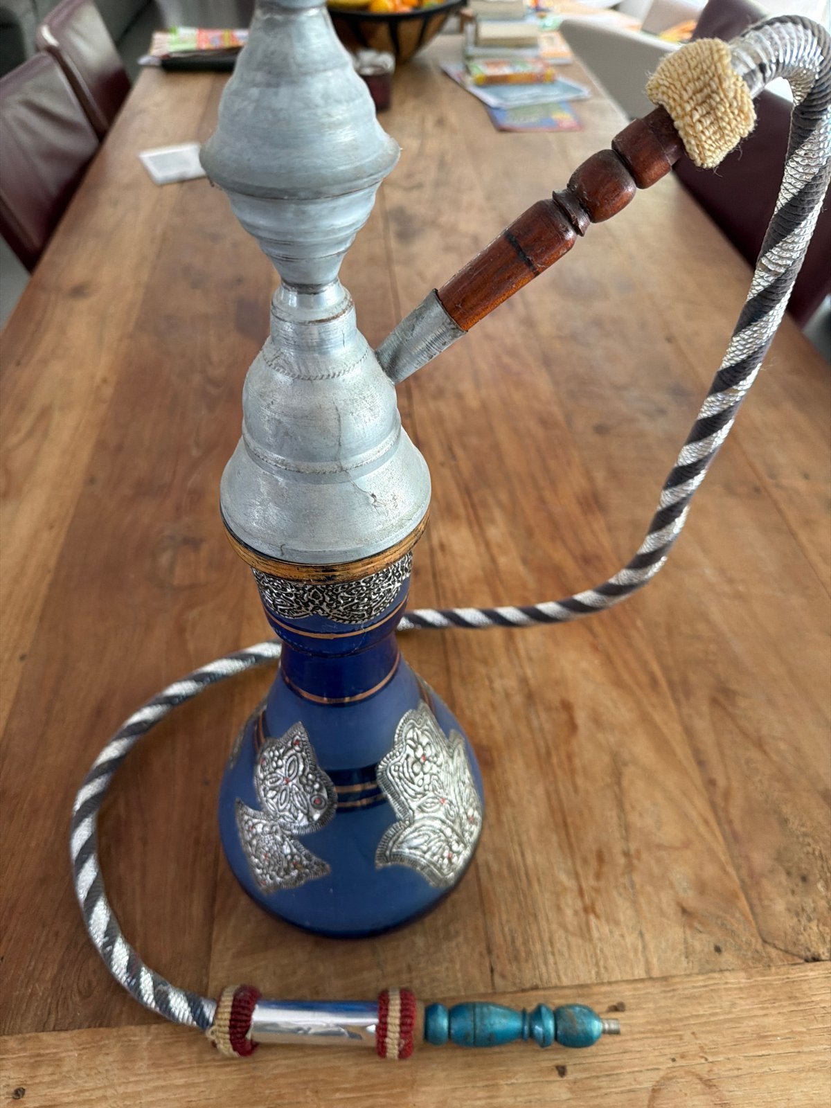 Mooie blauwe waterpijp XXL met zilveren details, Ophalen of Verzenden, Zo goed als nieuw
