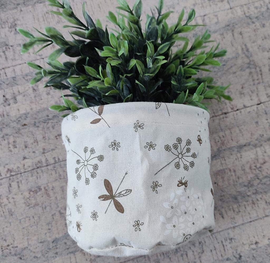 Textiel bloempotje, creme met bruin bloemen motief 15 cm, Rond, Ophalen of Verzenden, Aardewerk, Minder dan 40 cm