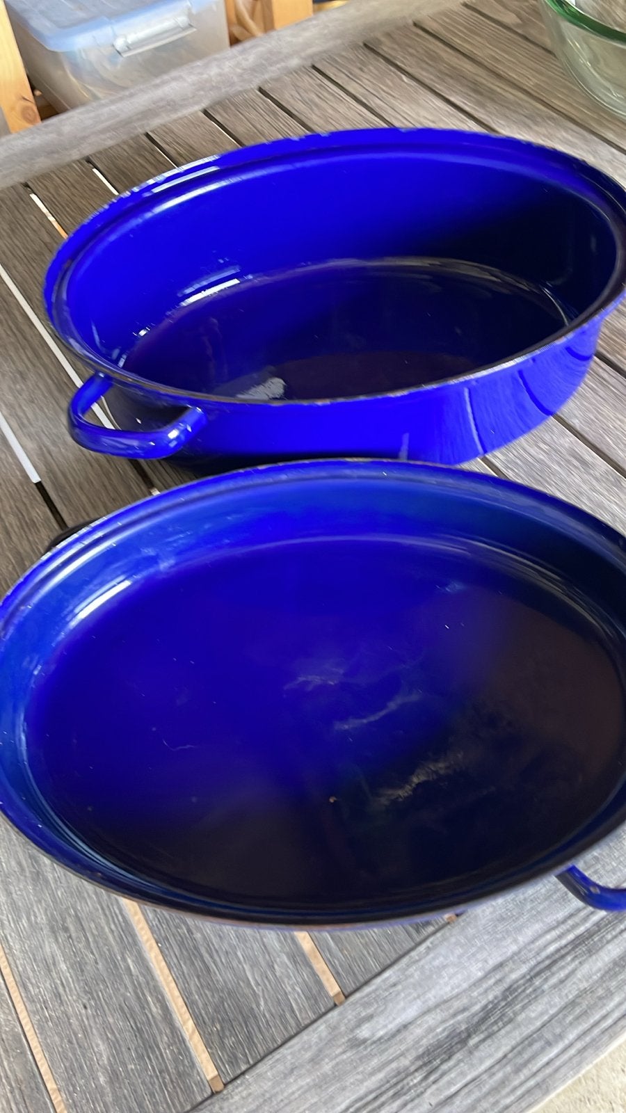 Blauwe braadpan voor wild - Emaille, Gebruikt, Braadpan, Met deksel, Ophalen of Verzenden