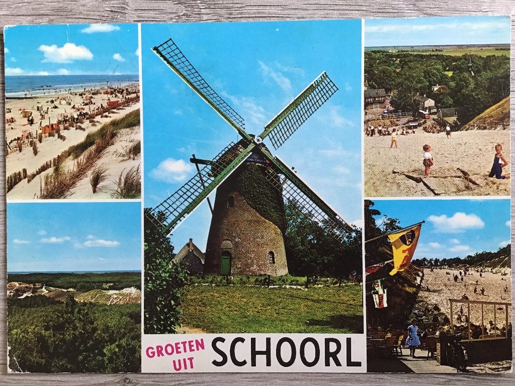 Oude ansichtkaart Groeten uit Schoorl - Molen en strand 1976, Ophalen of Verzenden, 1960 tot 1980, Gelopen, Noord-Holland