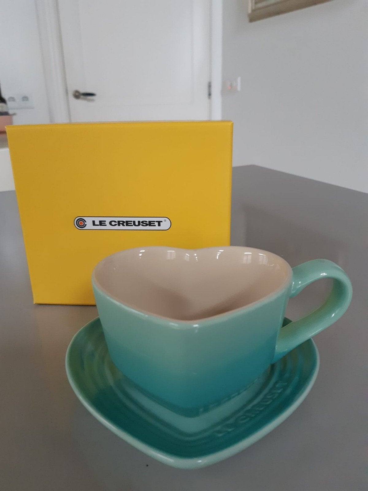 Le Creuset Hartvormige Mok + Schotel Cool Mint  Nieuw, Ophalen of Verzenden, Nieuw