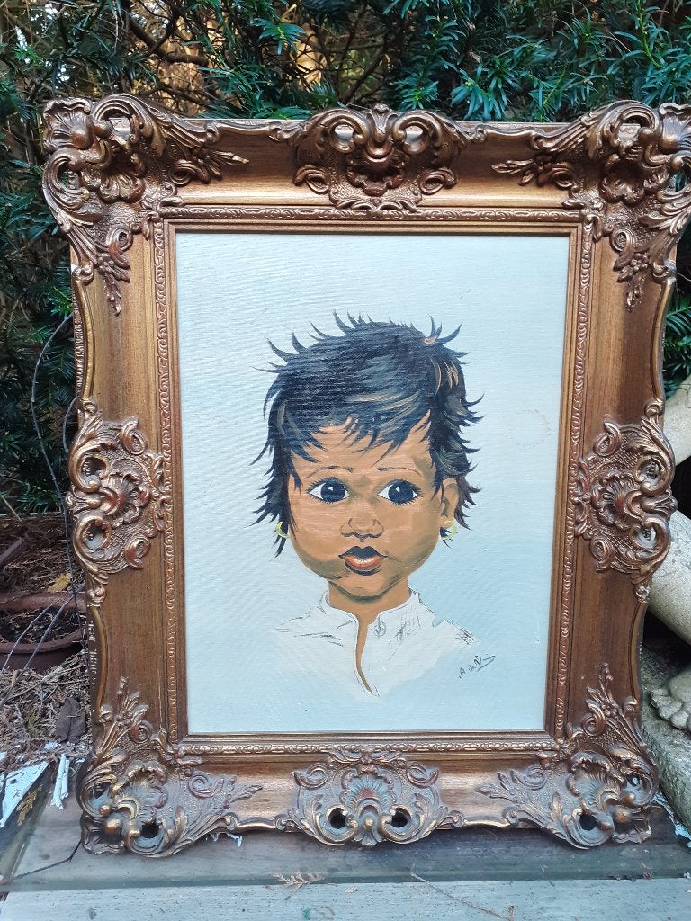Olieverf Schilderij Portret Kind met Originele Sierlijst, Doek, Portret of Personen, Ophalen of Verzenden, Olieverf