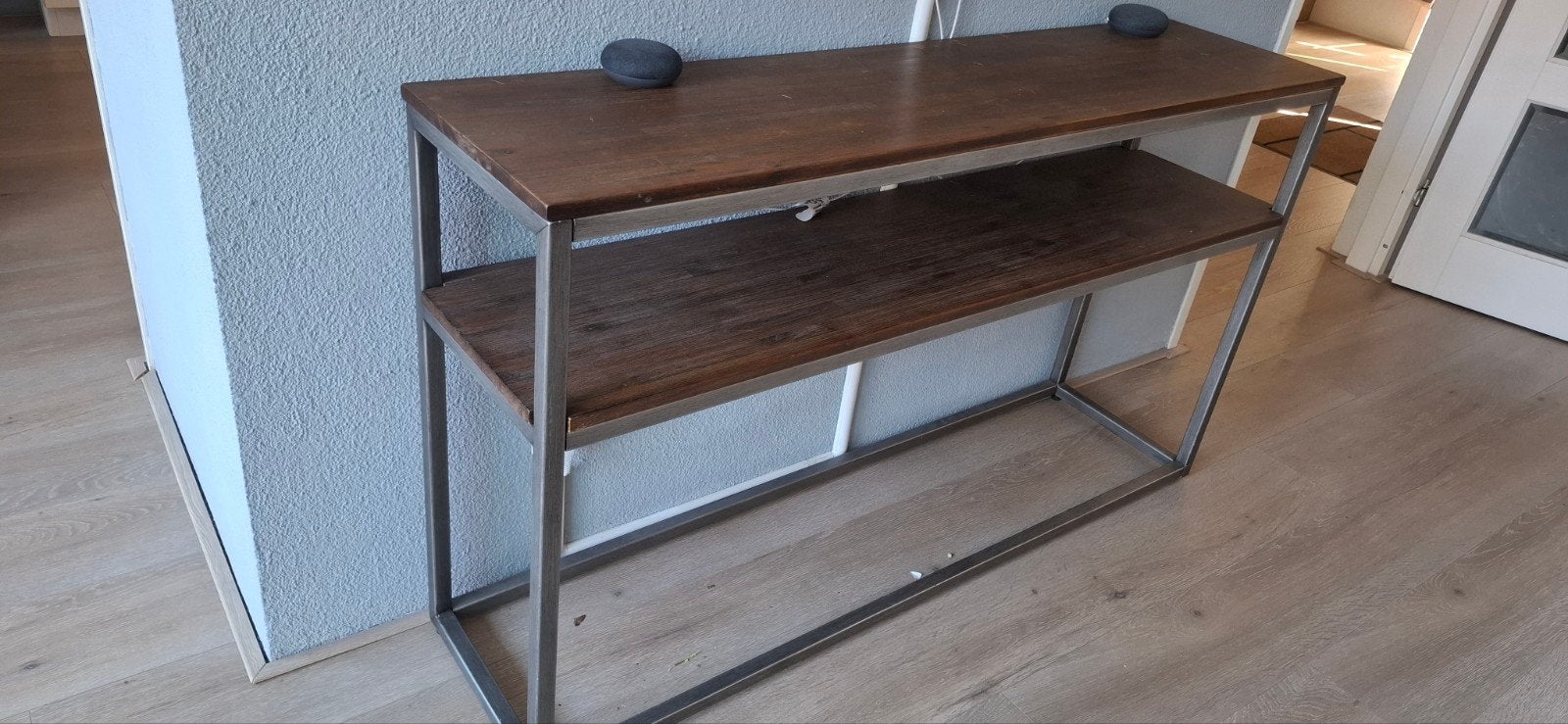 Sidetable acaciahout met RVS onderstel  140x35x81cm, Ophalen, Gebruikt, Modern, Industrieel, 75 cm of meer