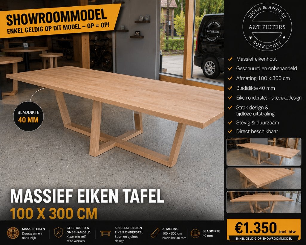 Massief eiken tafel met speciaal eiken onderstel., Ophalen, Eikenhout, 50 tot 100 cm, 75 cm of meer