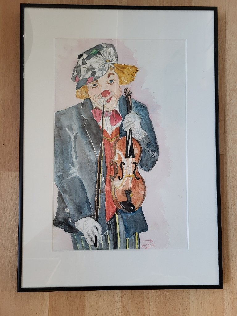 Oleg Popov de clown met viool - Aquarel ingelijst, Ophalen of Verzenden, Gebruikt, Waterverf