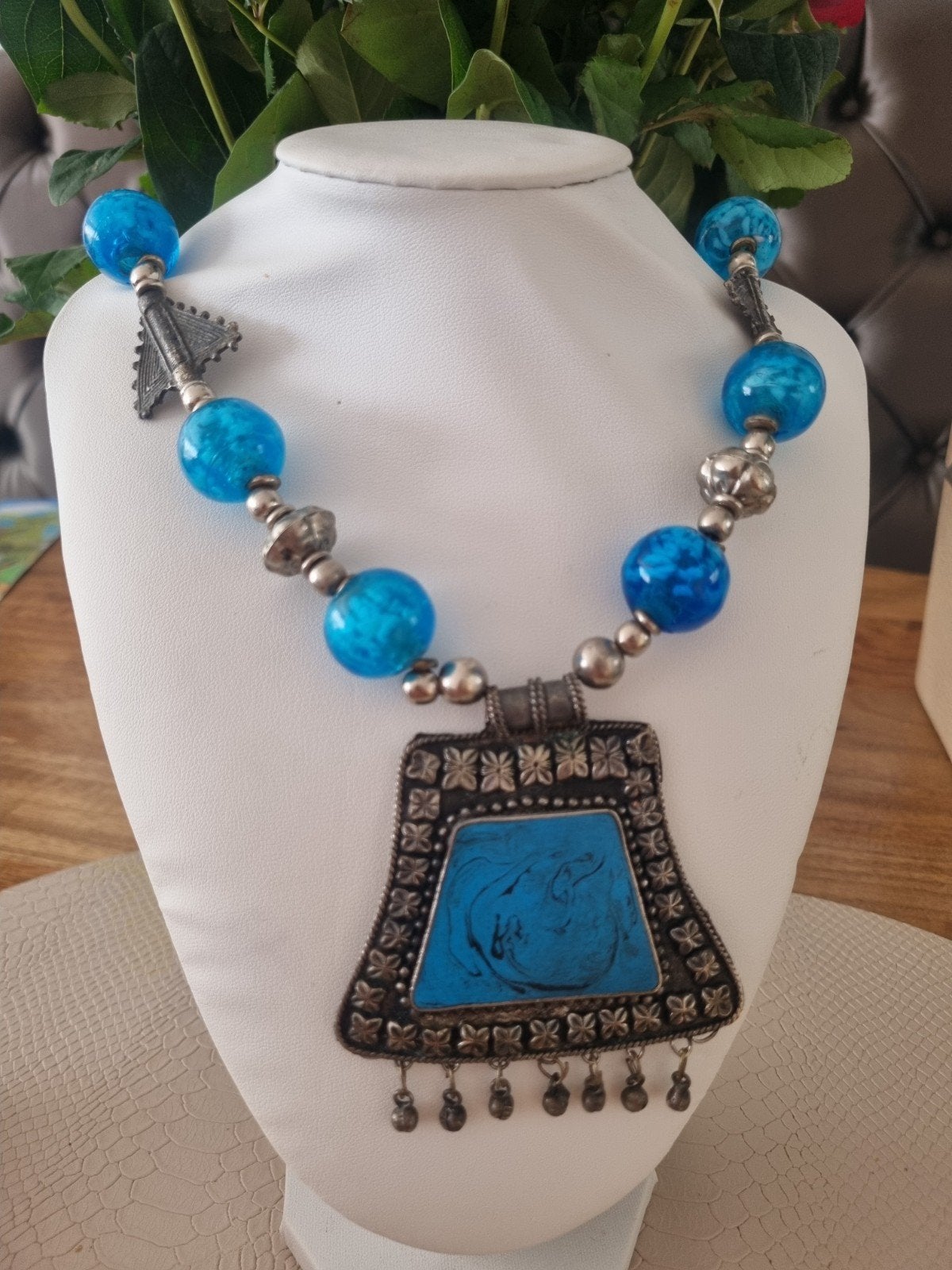 Grote Vintage Boho Statement Ketting – Blauw met Zilverkleur, Gebruikt, Blauw, Ophalen of Verzenden, Overige materialen