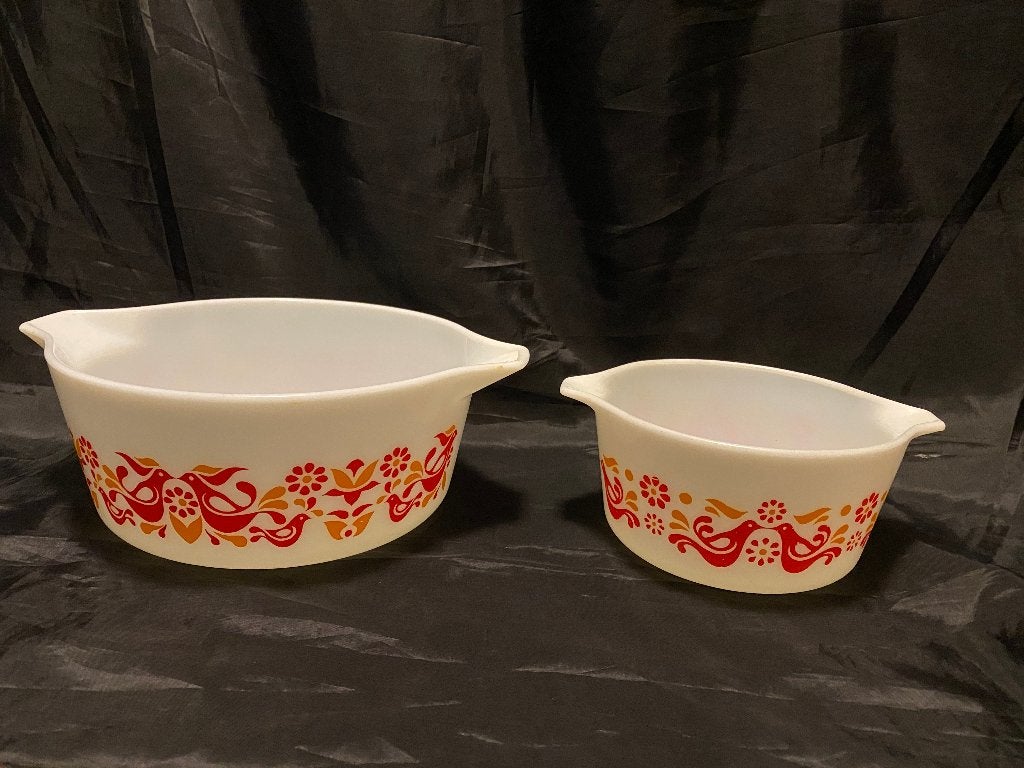 Retro Set van 2 Pyrex Friendschip ovenschalen, Gebruikt, Ophalen of Verzenden, Overige stijlen, Glas