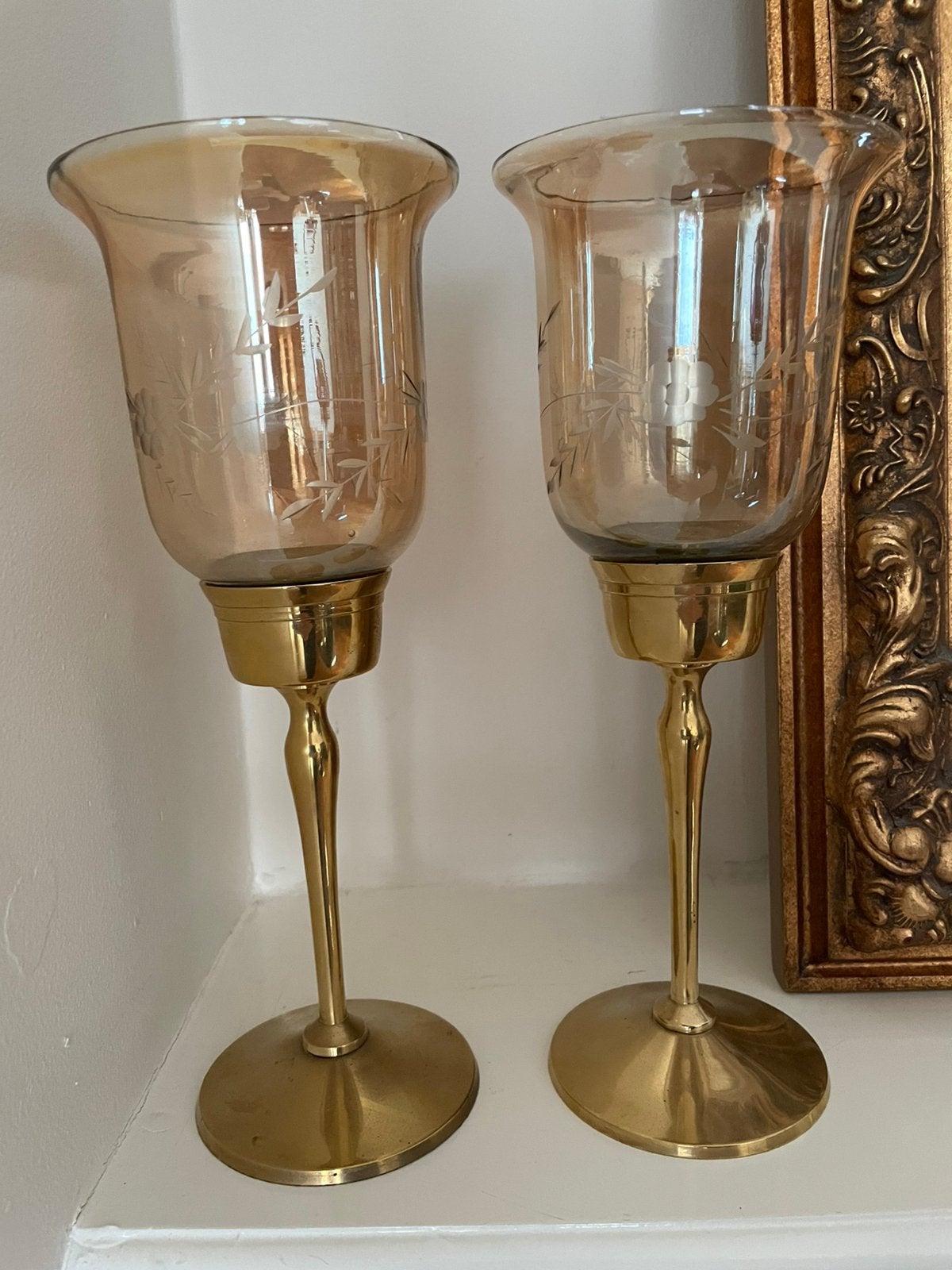 Waxinelichthouders set 2 olieglas messing gegraveerd glas, Ophalen, Zo goed als nieuw, Overige materialen