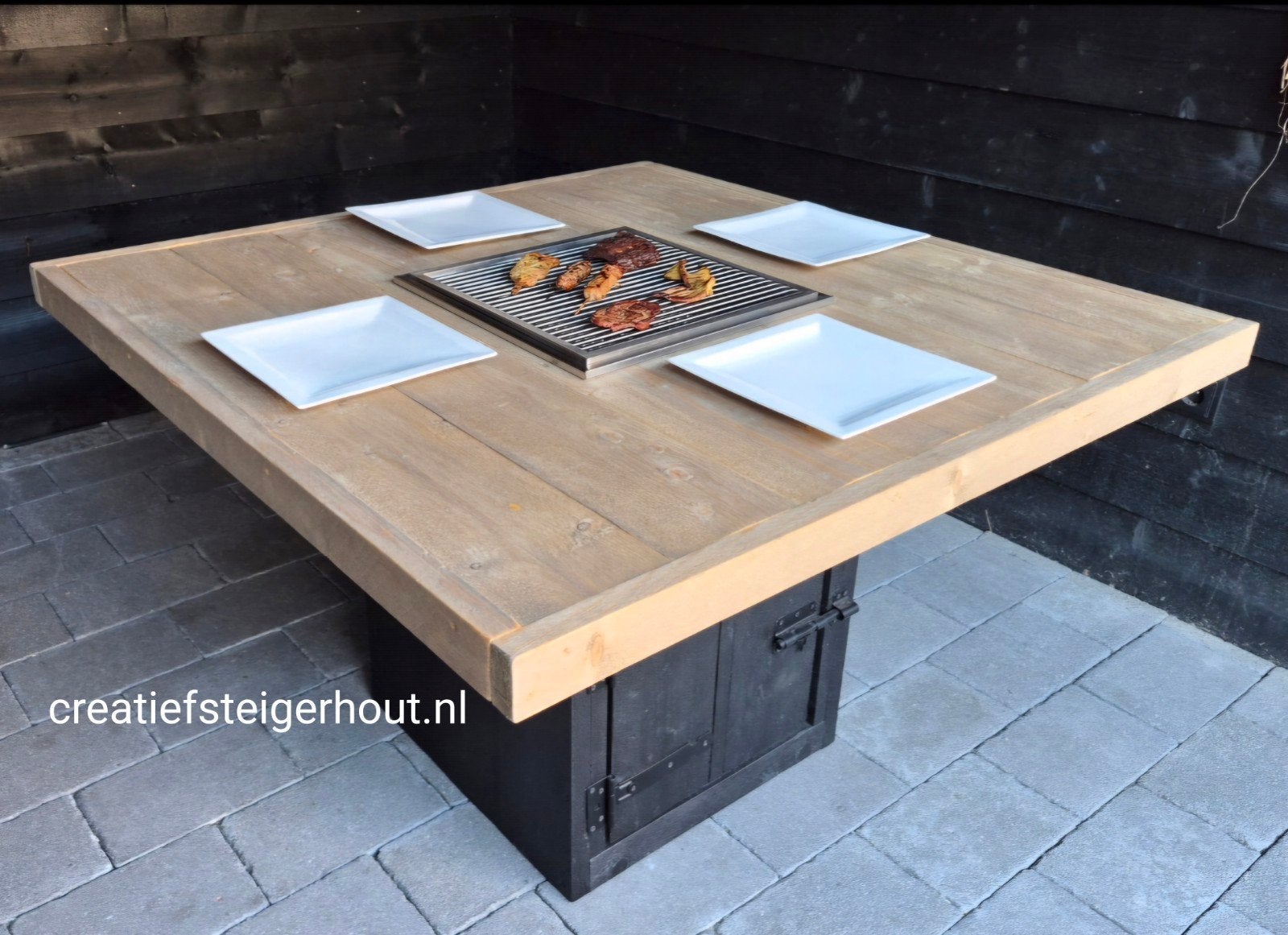 Barbecuetafel hout kolompoot gasbarbecue ingebouwd in tafel, Ophalen of Verzenden, Nieuw, OneQ