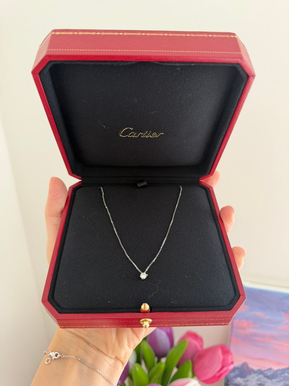 Cartier Solitair diamant ketting, Sieraden, Tassen en Uiterlijk, Kettingen, Ophalen of Verzenden, Zo goed als nieuw, Goud