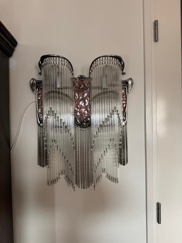 Art Deco wandlamp met glazen staafjes en kristallen, Ophalen of Verzenden, Zo goed als nieuw