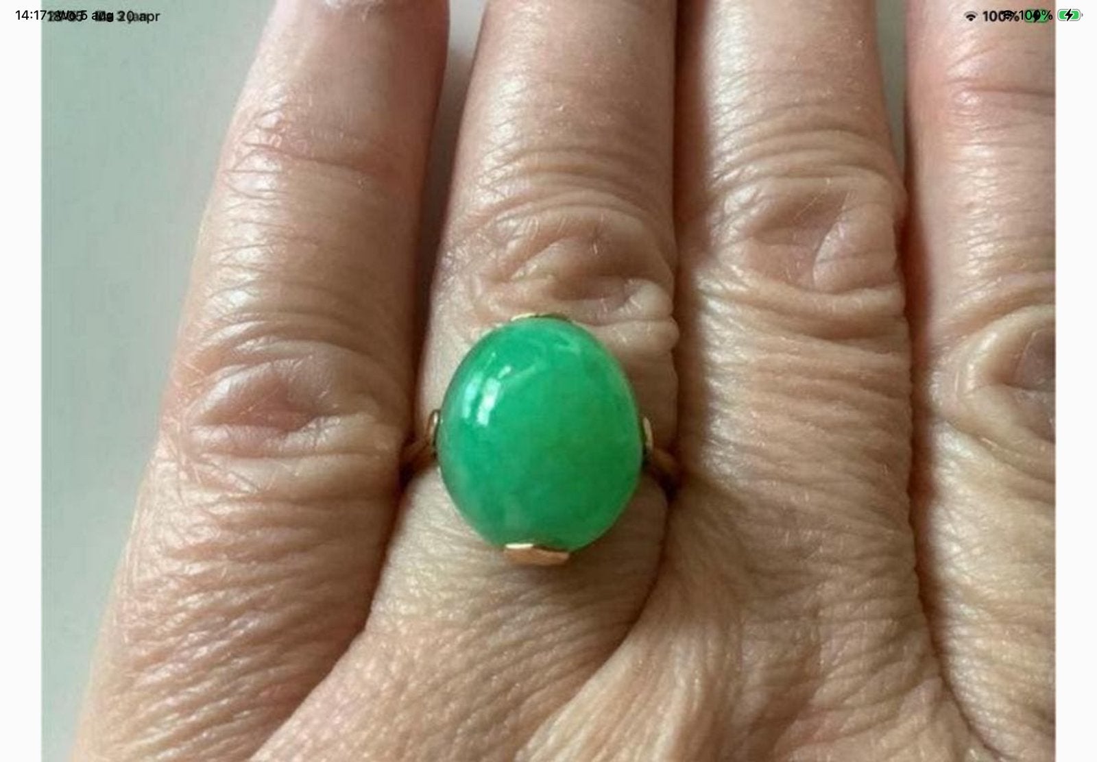 Bijzonder uniek gouden ring edelsteen Chrysopraas 18 k goud, Verzenden, Zo goed als nieuw, 17 tot 18, Met edelsteen