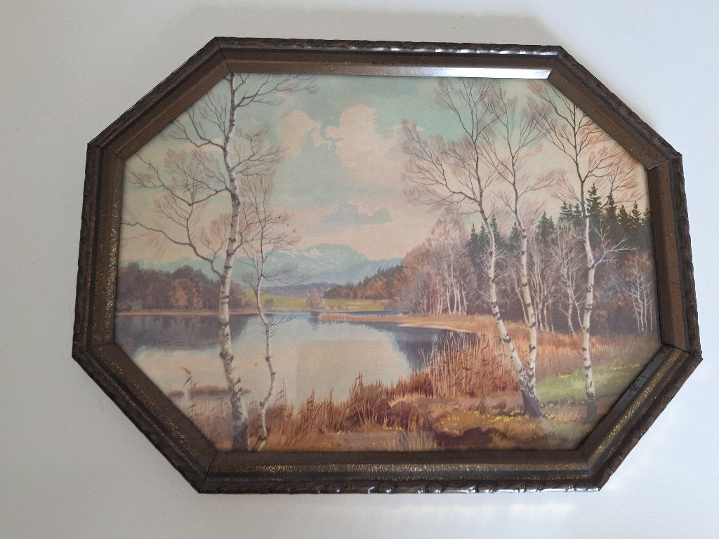 Vintage Herfstlandschap met Berken in Achthoekige Lijst, Antiek en Kunst, Ophalen, Bijzondere lijst, Doek, Landschap