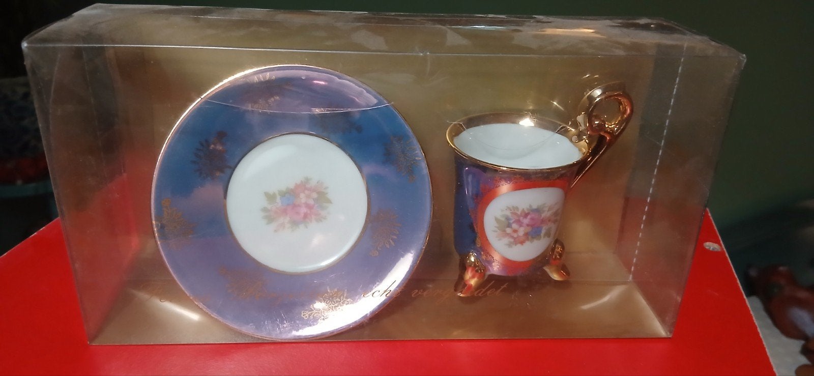 Vintage Kop en Schotel - Blauw met Gouden Details, Ophalen