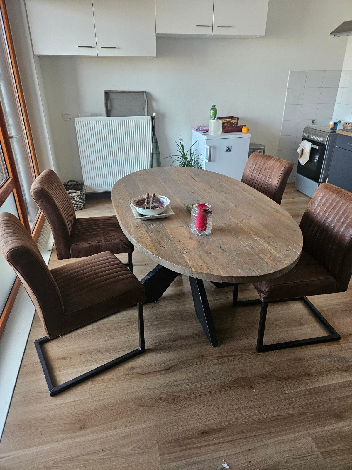 Hardhouten eettafel (180x100) met 4 bruine stoelen, Ophalen, Gebruikt, 50 tot 100 cm, 150 tot 200 cm
