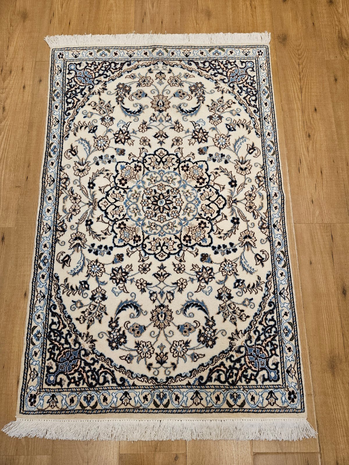 Vintage handgeknoopt perzisch tapijt nain 9la 146x89, Info@SlatsAntiek.nl, Tweedehands, Blauw, 100 tot 150 cm